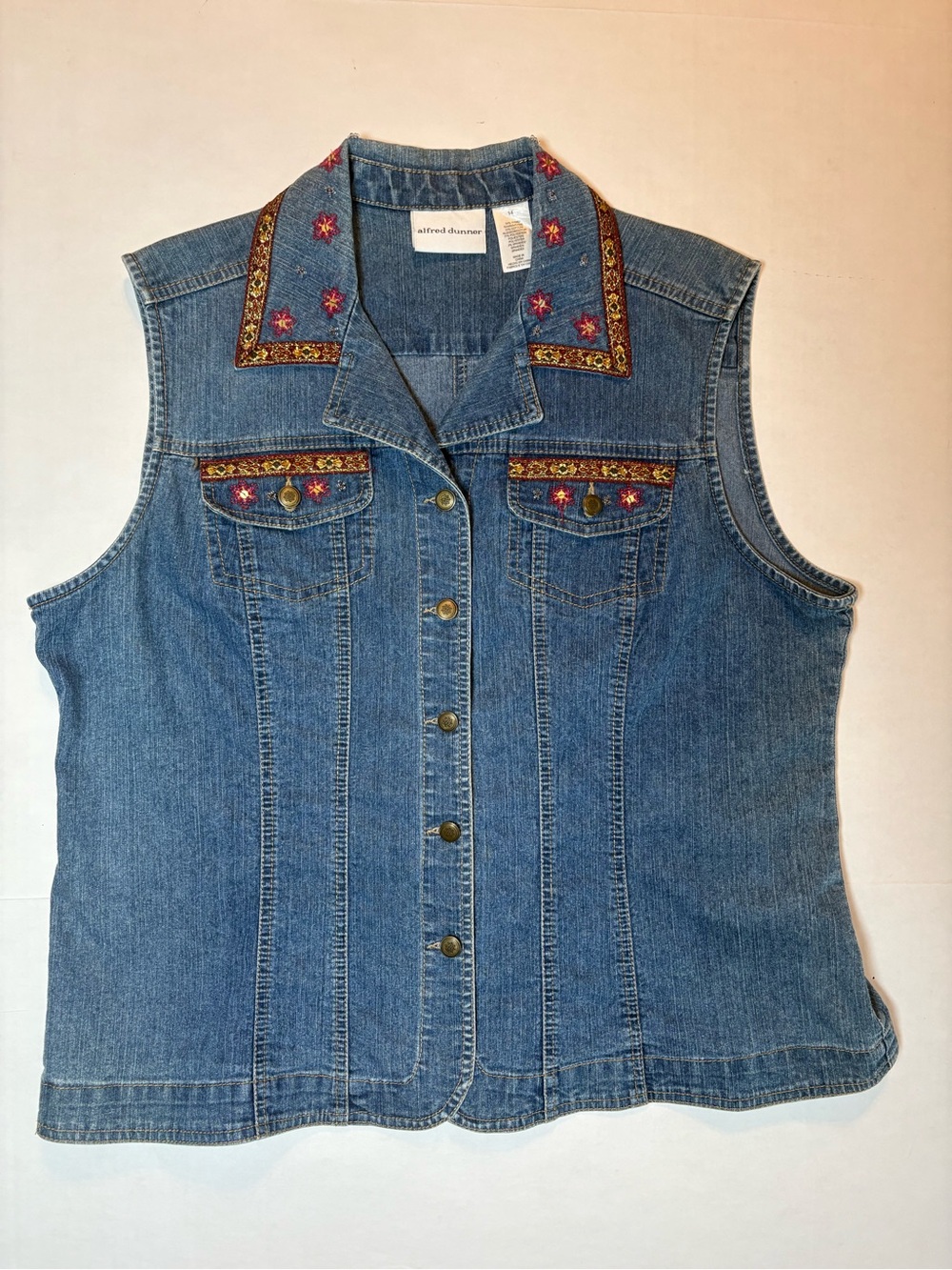 Alfred Dunner VTG 90’s Boho V-neck Denim Vest Embroidered Size 14